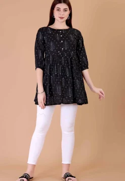 Digital Printed Cotton A Line Kurti in Black