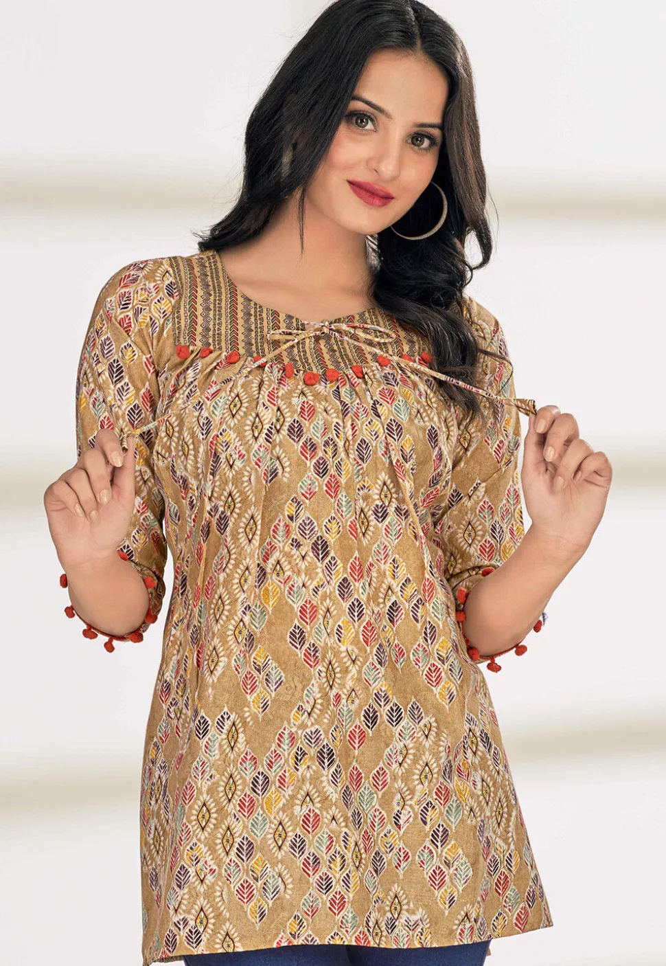 Digital Printed Cotton A Line Kurti in Beige