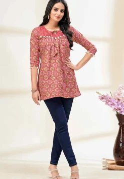 Digital Printed Cotton A Line Kurti in Rust