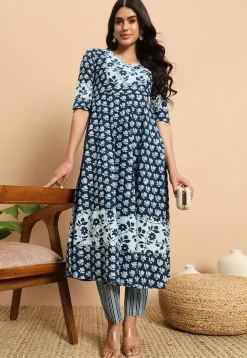 Digital Printed Cotton A Line Kurta Set in Blue