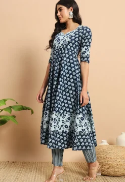 Digital Printed Cotton A Line Kurta Set in Blue
