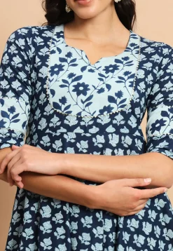 Digital Printed Cotton A Line Kurta Set in Blue