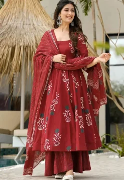 Digital Printed Cotton A Line Suit in Maroon