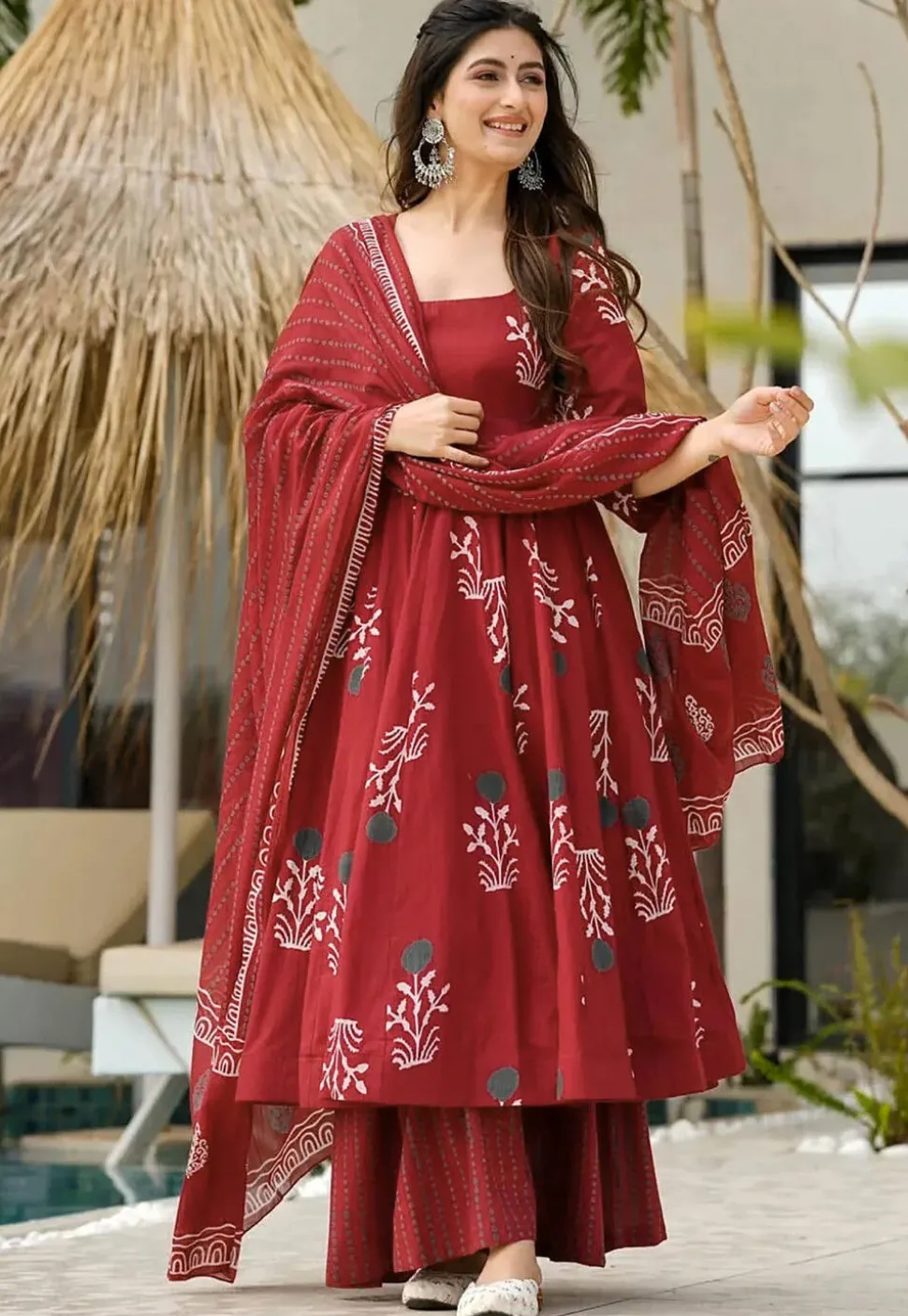 Digital Printed Cotton A Line Suit in Maroon