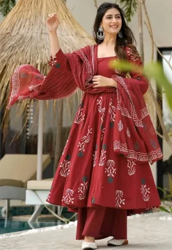 Digital Printed Cotton A Line Suit in Maroon