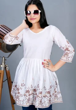 Digital Printed Cotton A Line Kurti in Off White