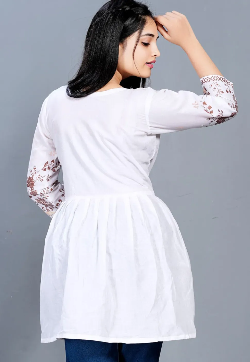 Digital Printed Cotton A Line Kurti in Off White