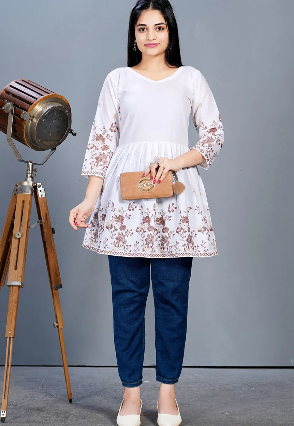 Digital Printed Cotton A Line Kurti in Off White