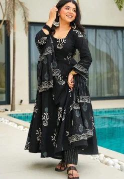 Digital Printed Cotton A Line Suit in Black