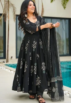 Digital Printed Cotton A Line Suit in Black