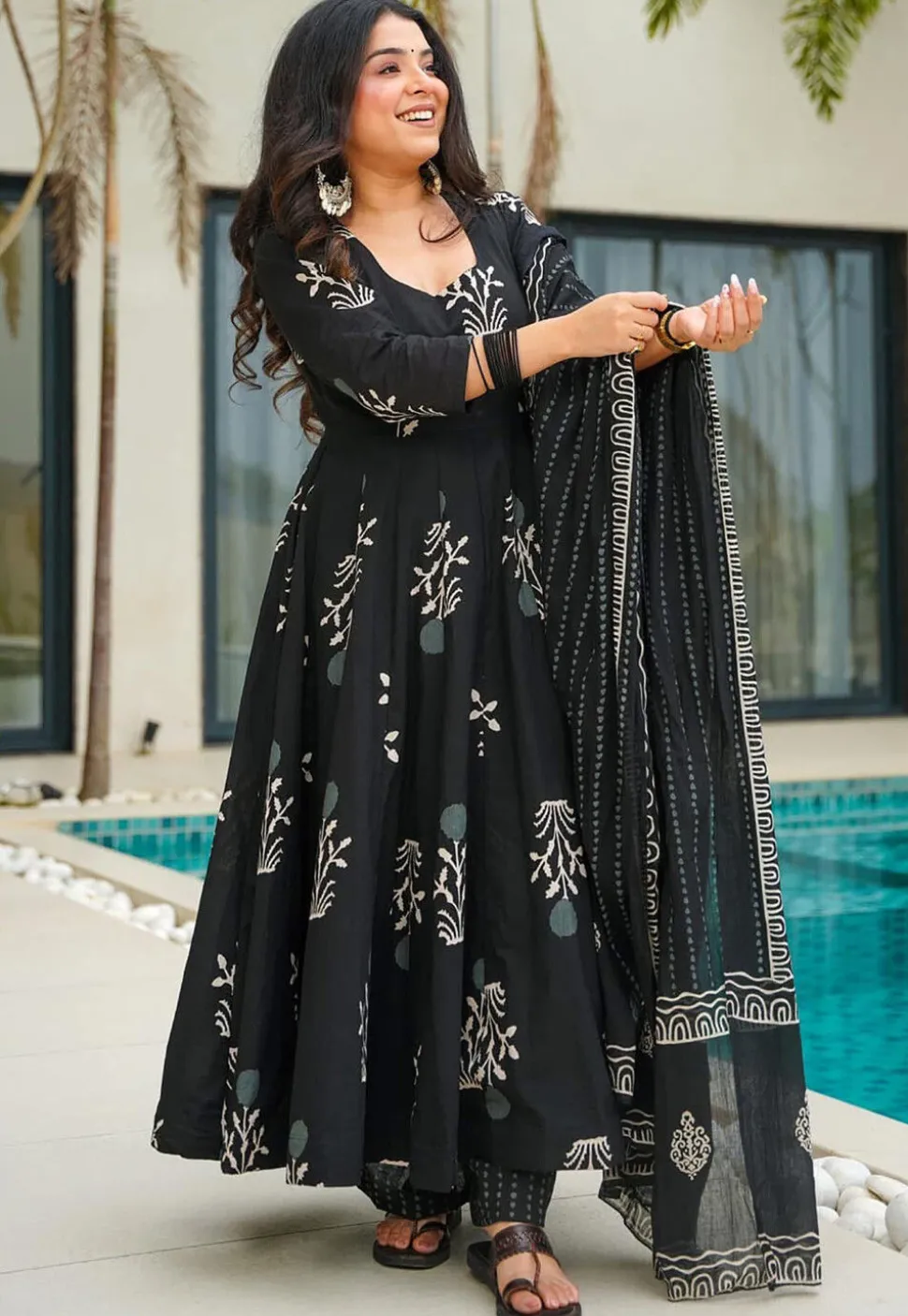 Digital Printed Cotton A Line Suit in Black