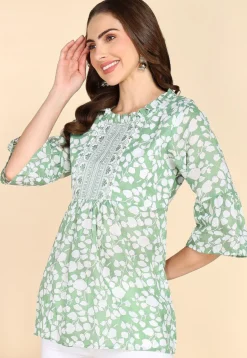 Digital Printed Cotton A Line Kurti in Pastel Green