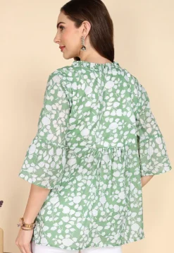 Digital Printed Cotton A Line Kurti in Pastel Green