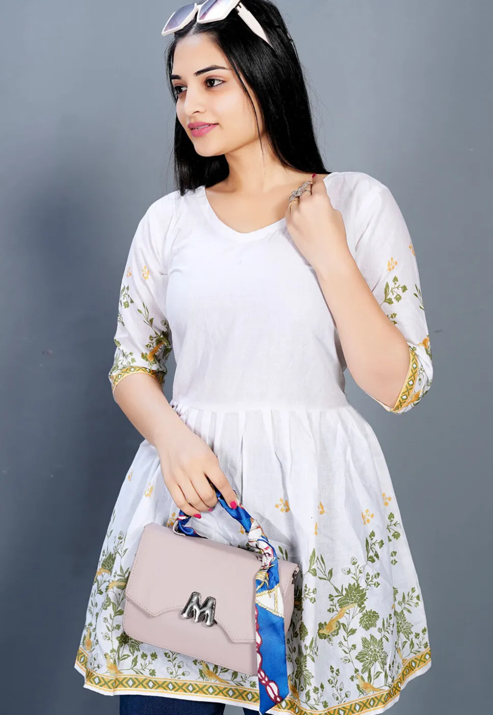 Digital Printed Cotton A Line Kurti in Off White