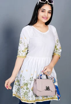 Digital Printed Cotton A Line Kurti in Off White