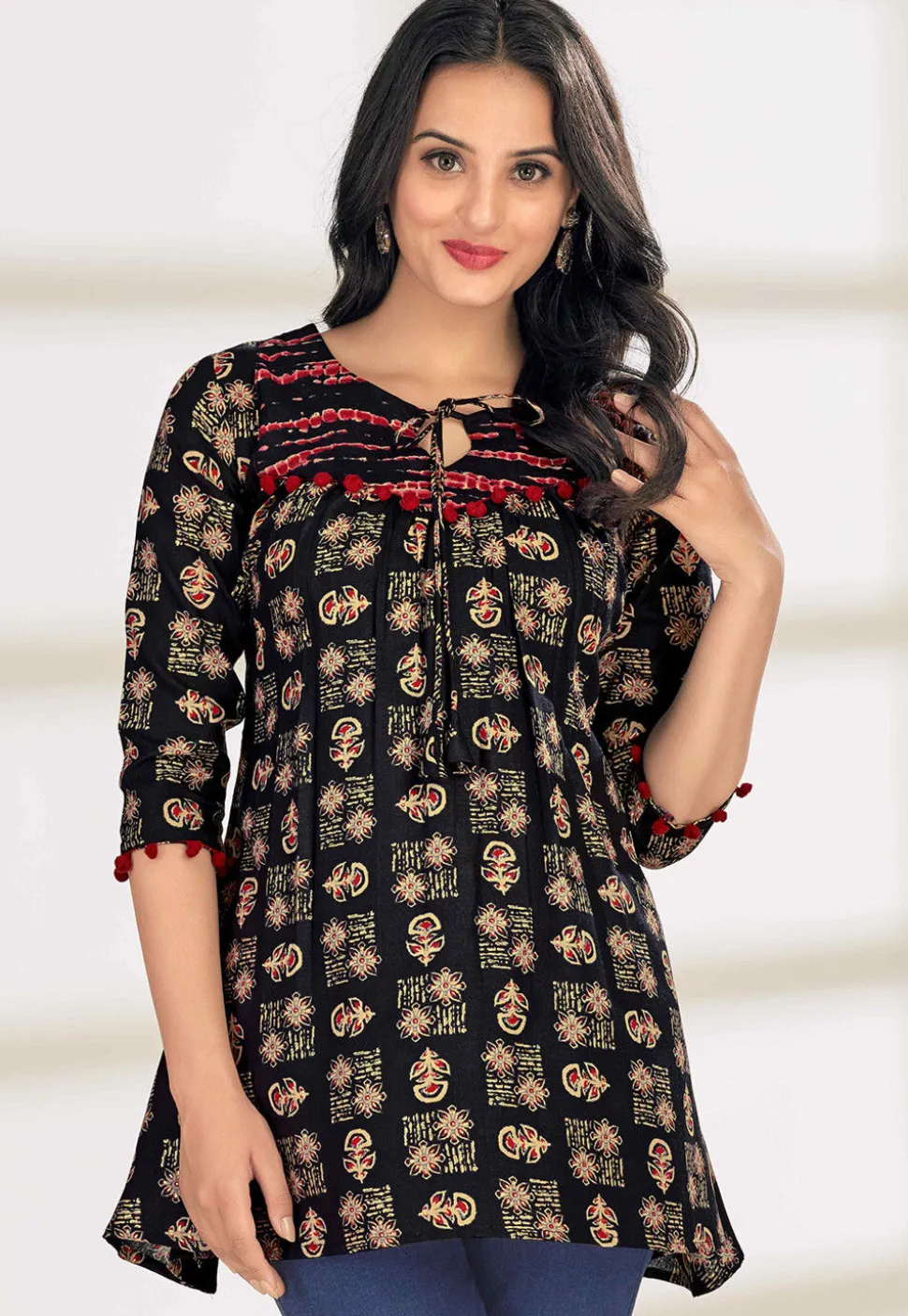 Digital Printed Cotton A Line Kurti in Black