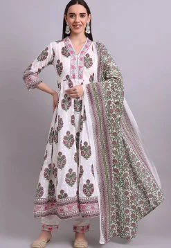 Digital Printed Cotton A Line Suit in Off White