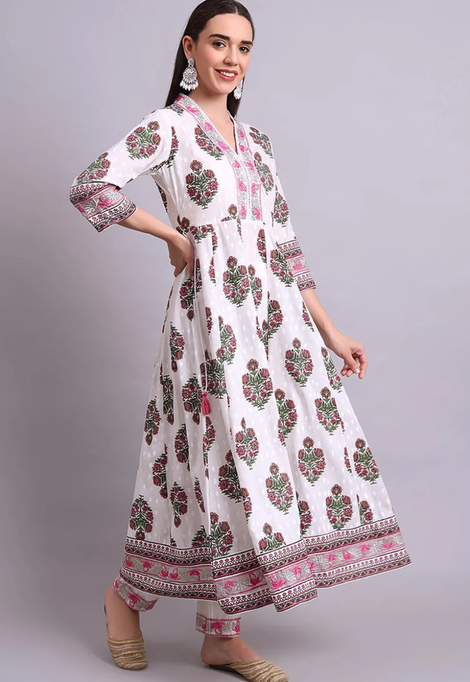 Digital Printed Cotton A Line Suit in Off White