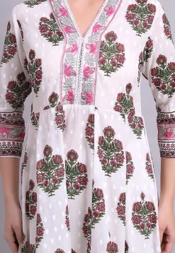 Digital Printed Cotton A Line Suit in Off White