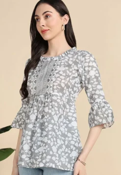 Digital Printed Cotton A Line Kurti in Grey