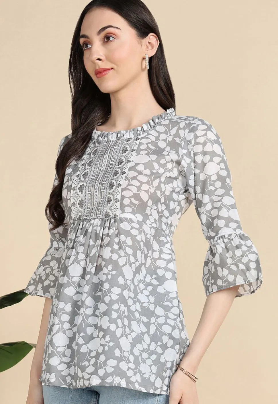 Digital Printed Cotton A Line Kurti in Grey