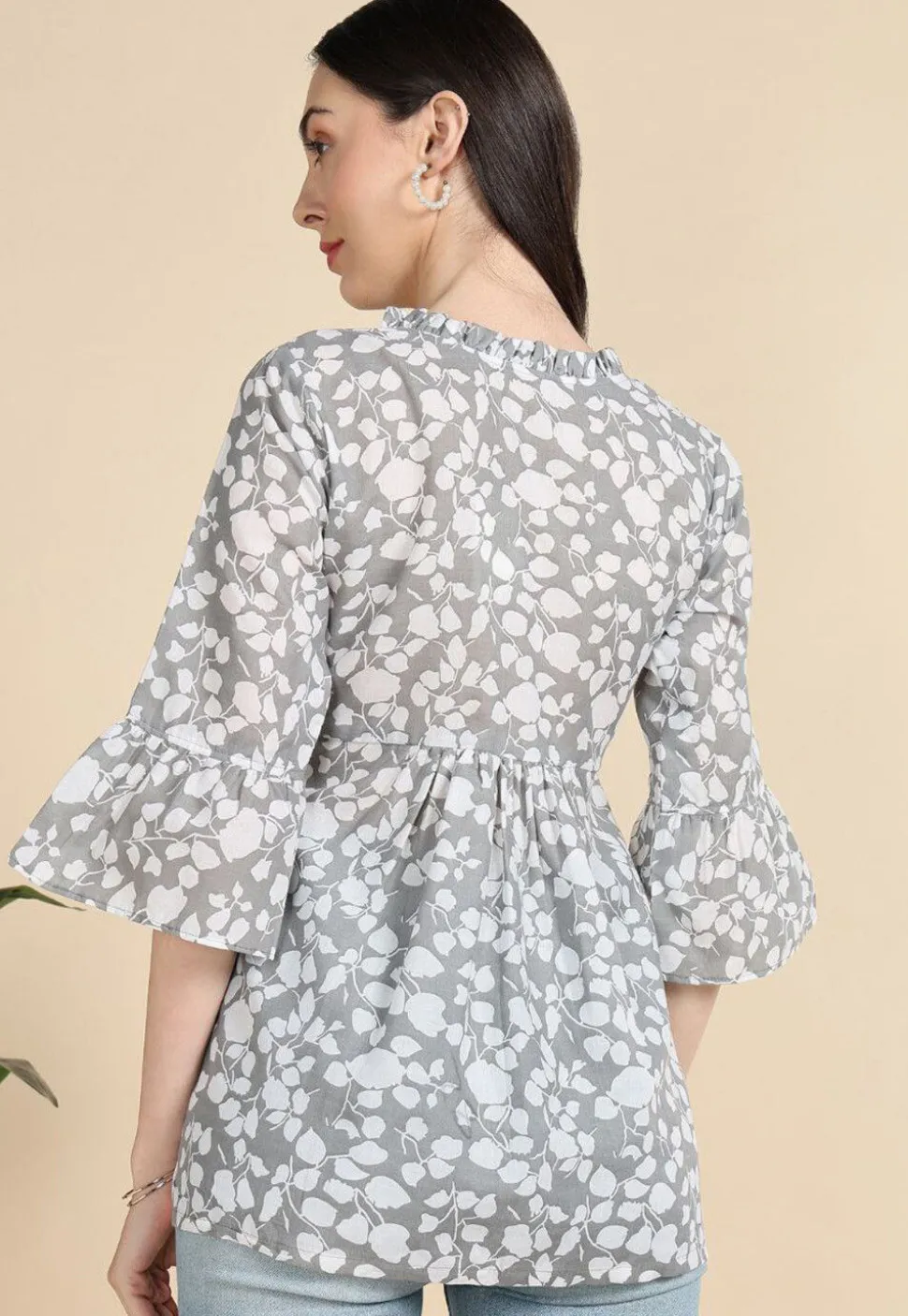 Digital Printed Cotton A Line Kurti in Grey