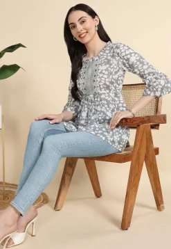 Digital Printed Cotton A Line Kurti in Grey