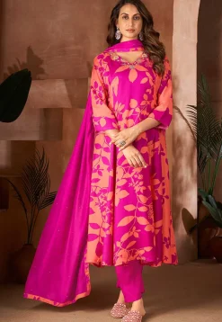 Digital Printed Cotton Aline Suit in Pink