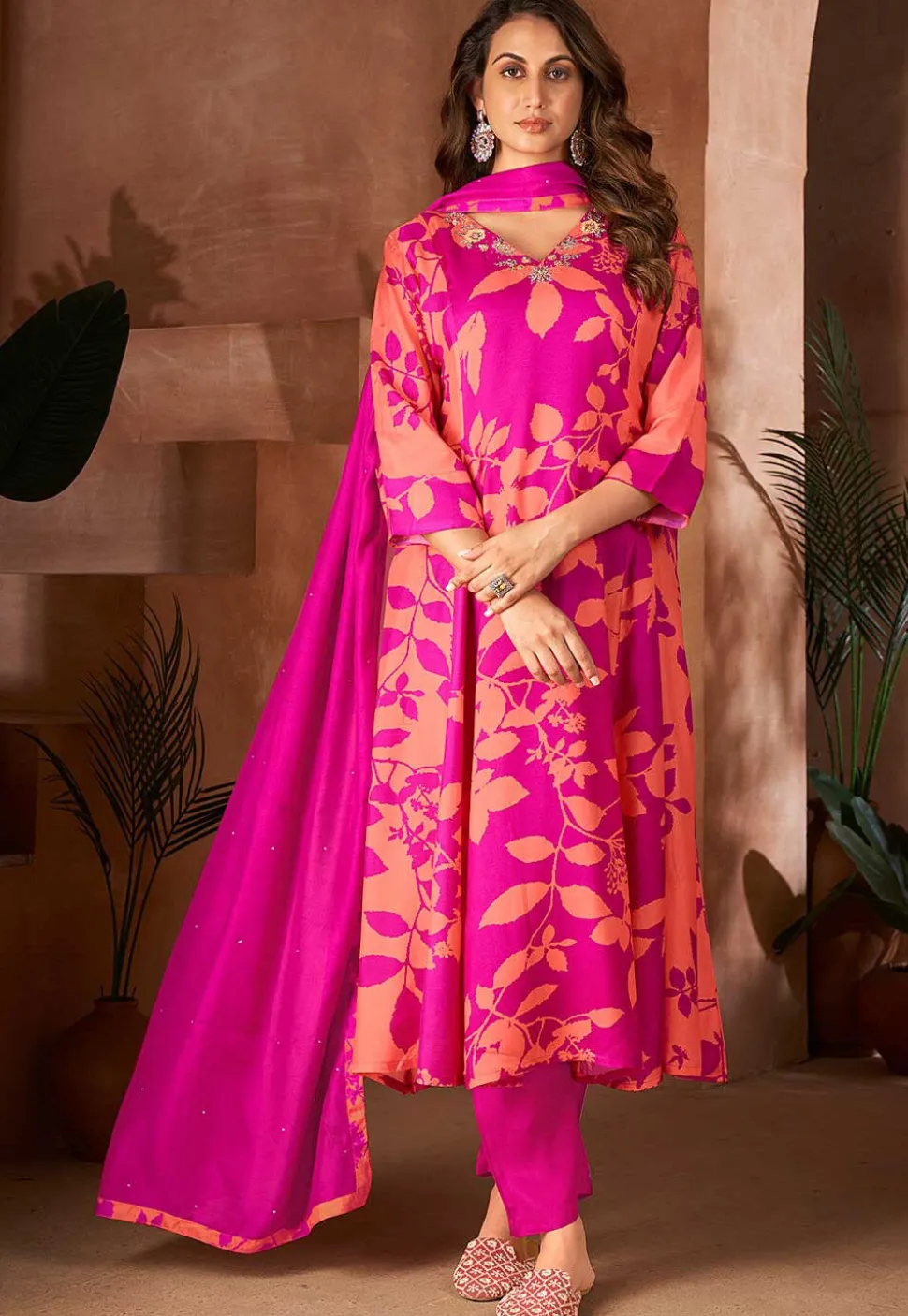 Digital Printed Cotton Aline Suit in Pink