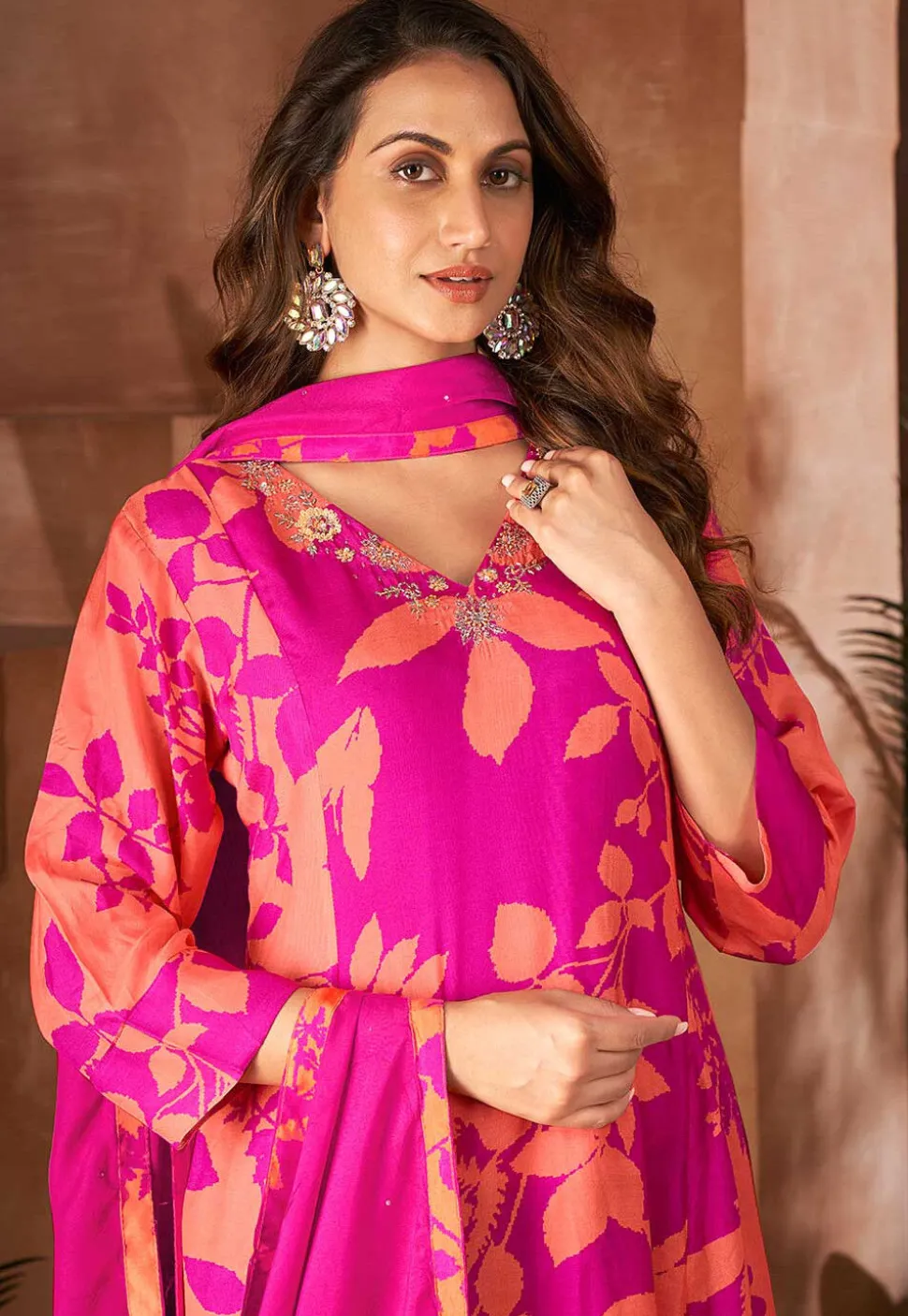 Digital Printed Cotton Aline Suit in Pink