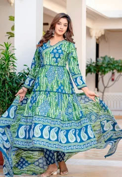 Digital Printed Cotton Aline Suit in Blue and Green
