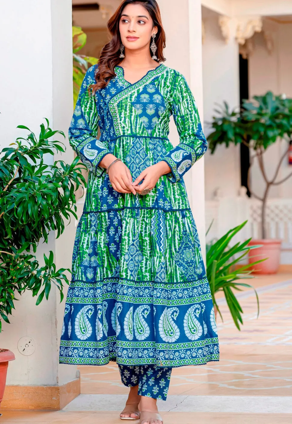 Digital Printed Cotton Aline Suit in Blue and Green