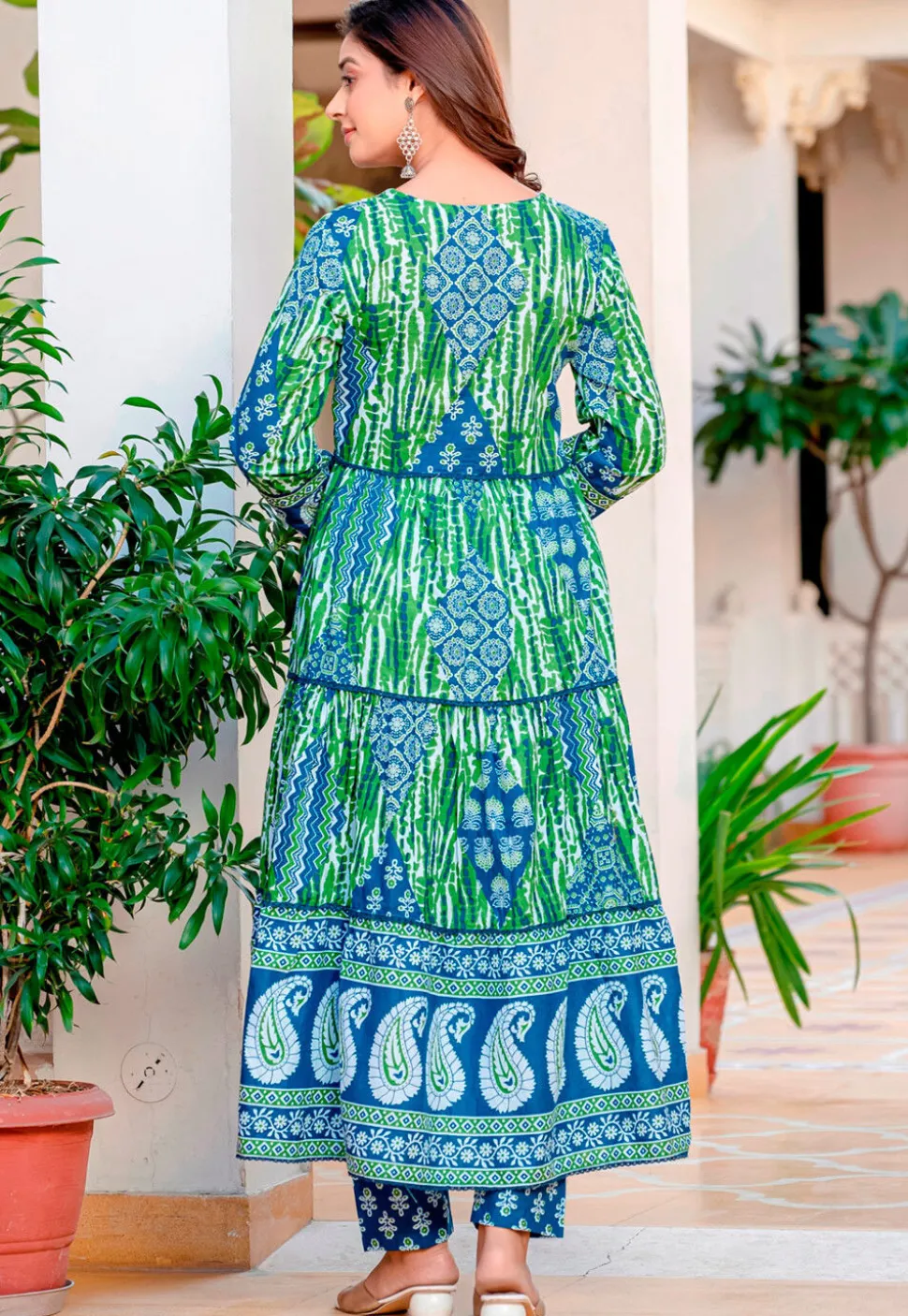 Digital Printed Cotton Aline Suit in Blue and Green
