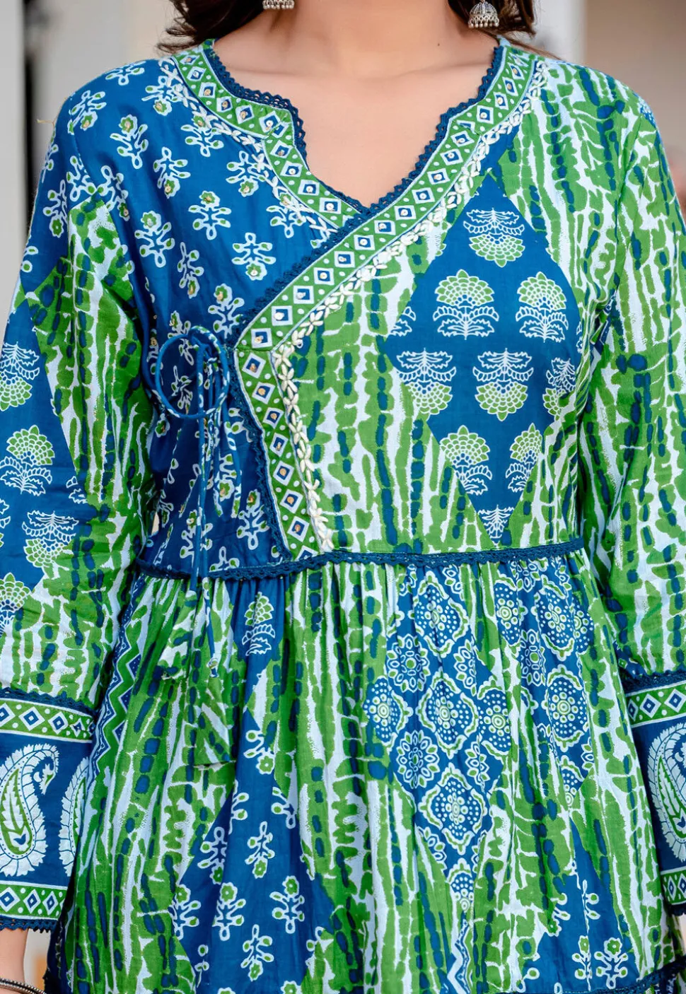 Digital Printed Cotton Aline Suit in Blue and Green