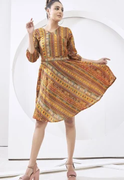 Digital Printed Cotton Aline Dress in Mustard