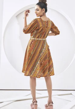 Digital Printed Cotton Aline Dress in Mustard