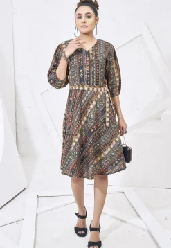Digital Printed Cotton Aline Dress in Grey