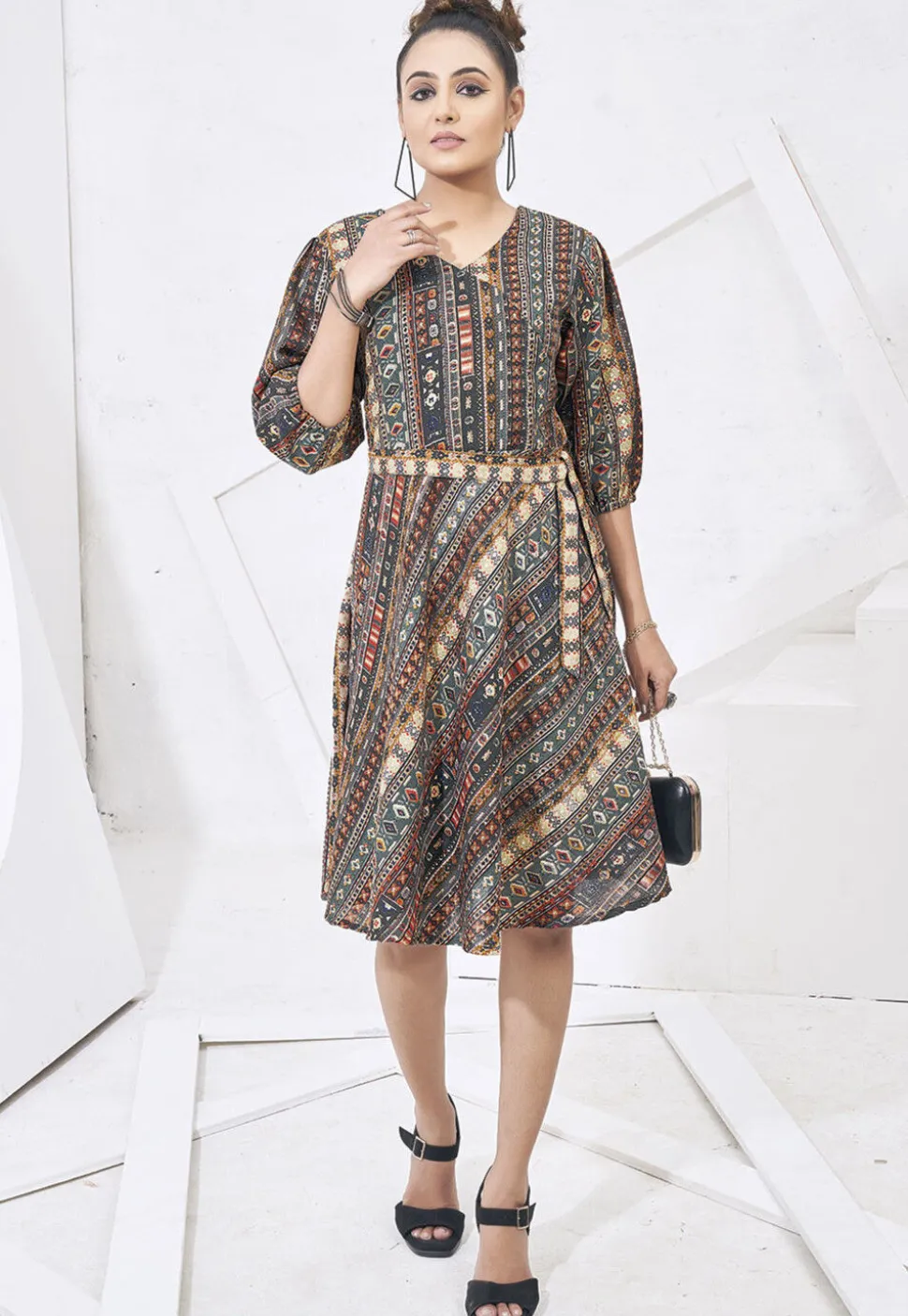 Digital Printed Cotton Aline Dress in Grey