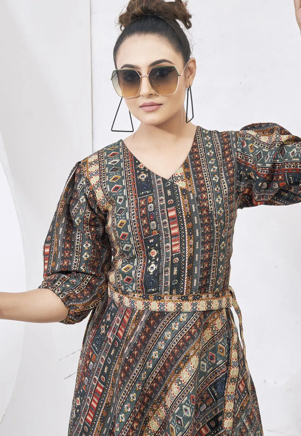 Digital Printed Cotton Aline Dress in Grey