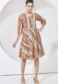 Digital Printed Cotton Aline Dress in Cream
