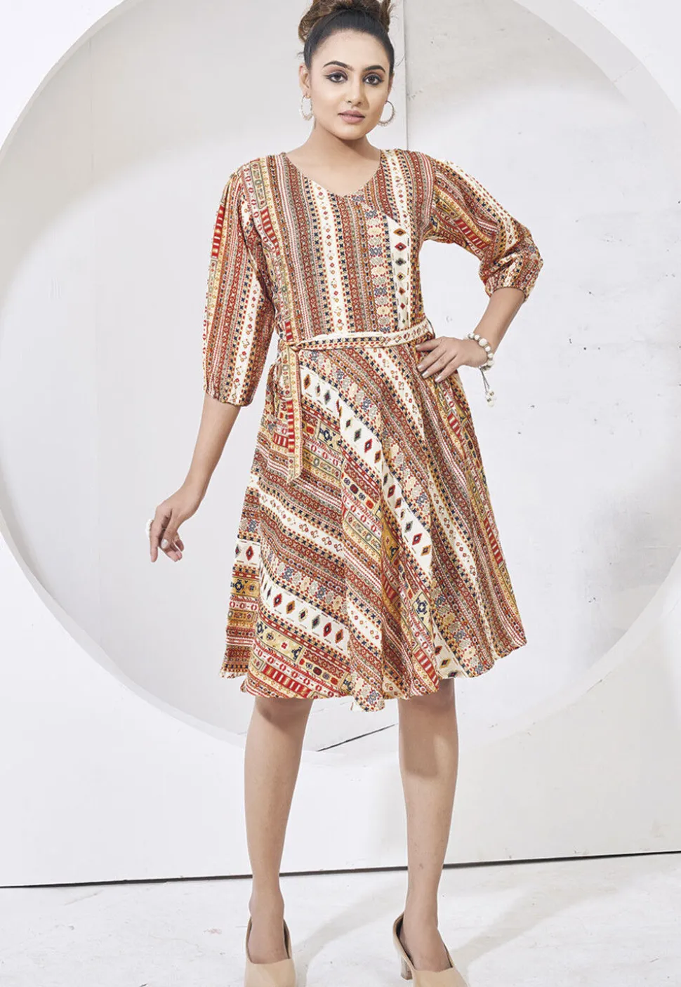 Digital Printed Cotton Aline Dress in Cream