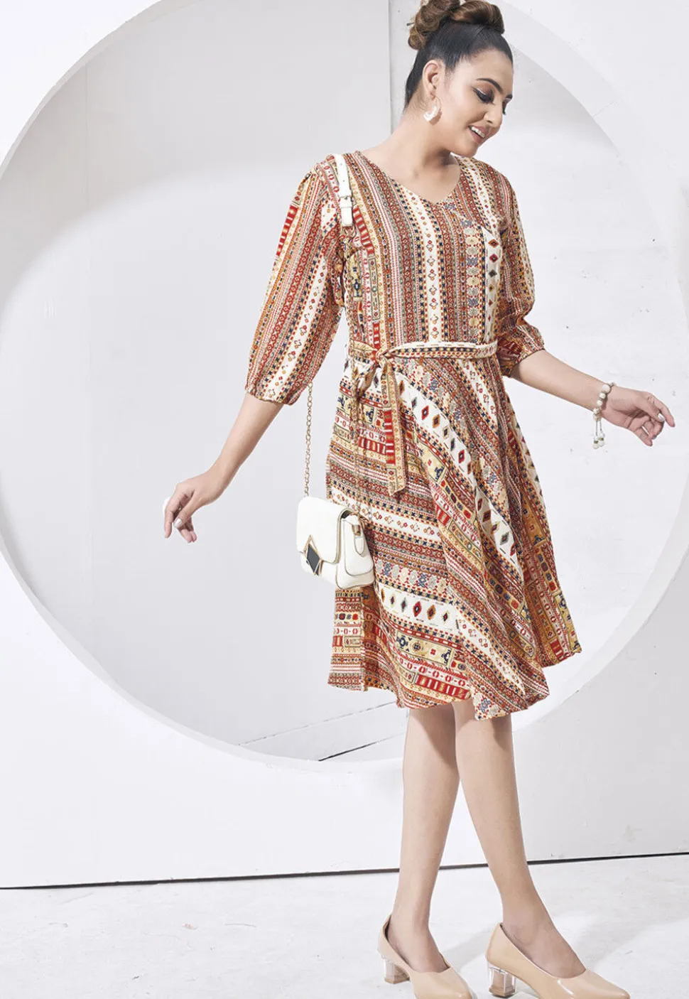 Digital Printed Cotton Aline Dress in Cream