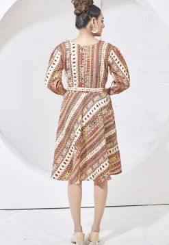 Digital Printed Cotton Aline Dress in Cream