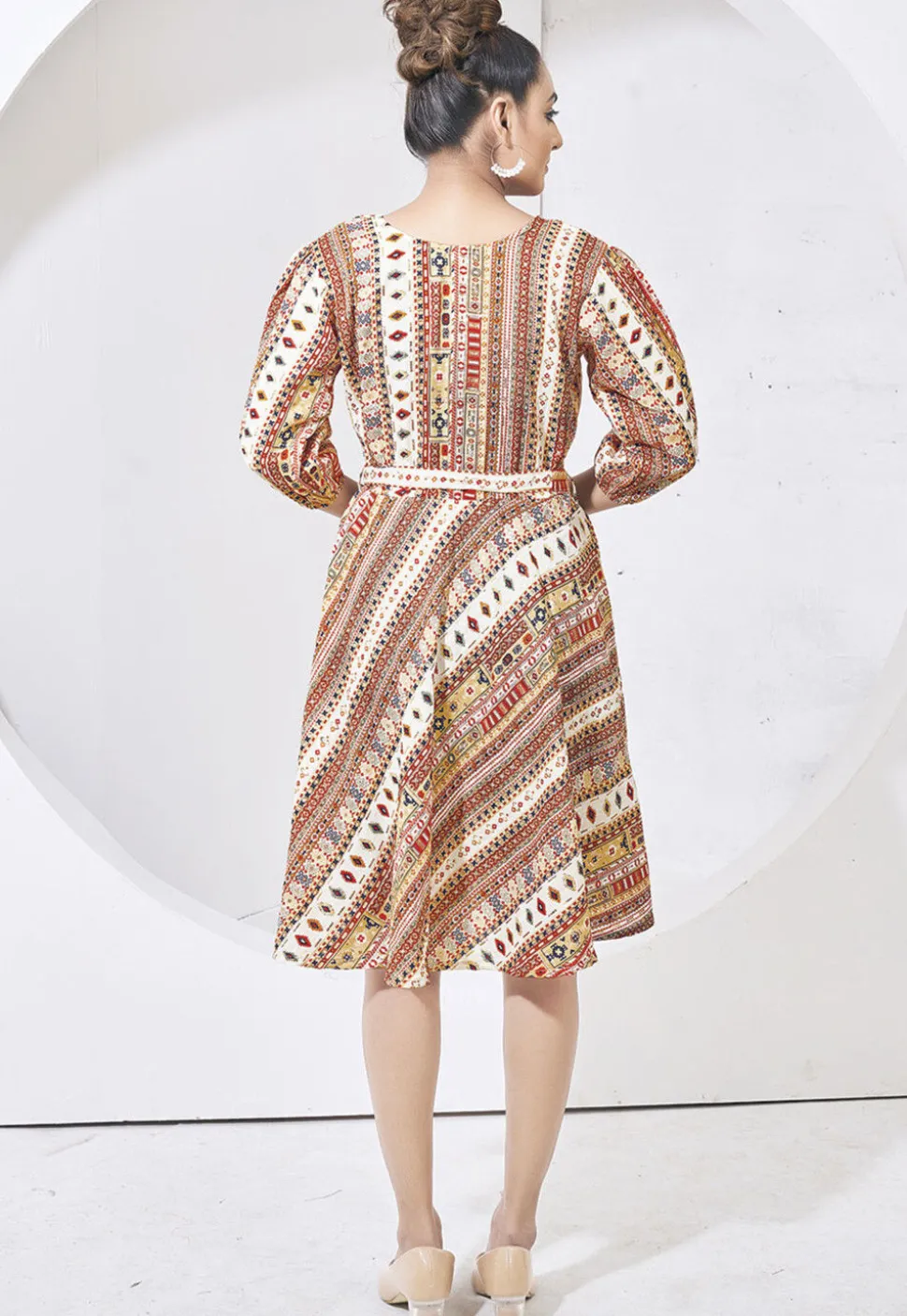Digital Printed Cotton Aline Dress in Cream