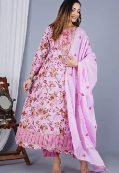 Digital Printed Cotton Anarkali Suit in Pink