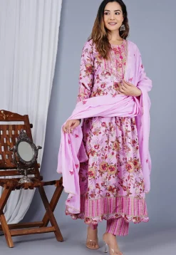 Digital Printed Cotton Anarkali Suit in Pink