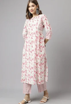 Digital Printed Cotton Anarkali Suit in Off White