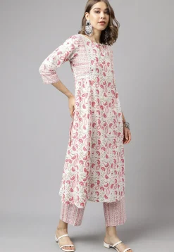 Digital Printed Cotton Anarkali Suit in Off White
