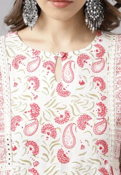 Digital Printed Cotton Anarkali Suit in Off White