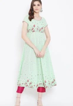 Digital Printed Cotton Anarkali Kurta in Light Green